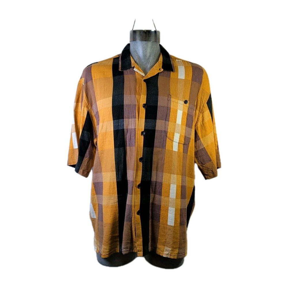Trust Retro Bold Printed Plaid Casual Mens Shirt - Size XXL - Linen Rayon